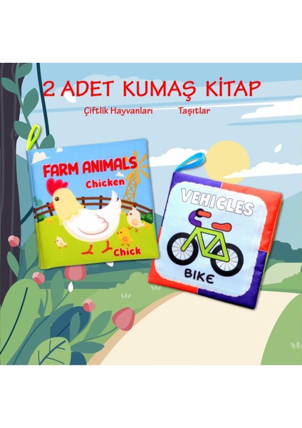 2 Kitap Tox Ingilizce Çiftlik Hayvanları ve Taşıtlar Kumaş Sessiz Kitap E119 E132 - Bez Kitap , Eğitici Oyuncak , Yumuşak ve Hışırtılı