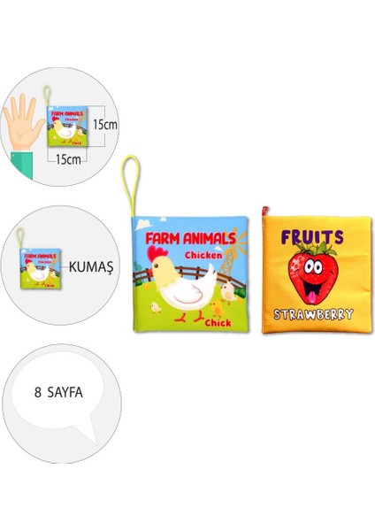 2 Kitap Tox Ingilizce Çiftlik Hayvanları ve Meyveler Kumaş Sessiz Kitap E119 E126 - Bez Kitap , Eğitici Oyuncak , Yumuşak ve Hışırtılı fırsatları