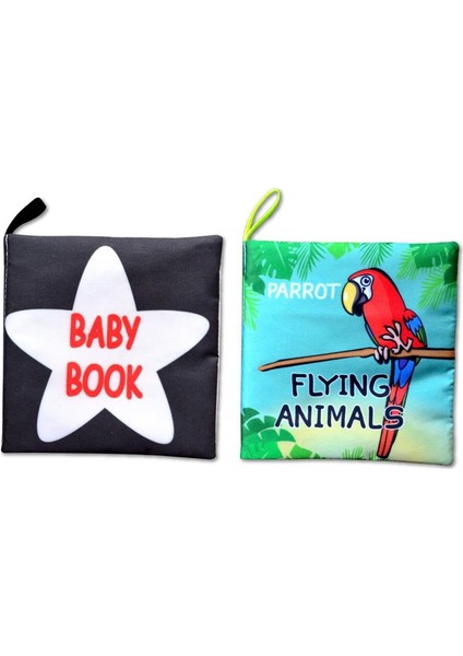 2 Kitap Tox Ingilizce Siyah-Beyaz Bebek ve Uçan Hayvanlar Kumaş Sessiz Kitap E136 E133 - Bez Kitap , Eğitici Oyuncak , Yumuşak ve Hışırtılı