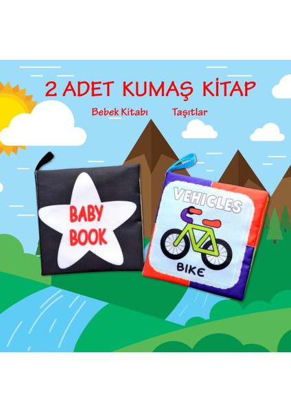 2 Kitap Tox Ingilizce Siyah-Beyaz Bebek ve Taşıtlar Kumaş Sessiz Kitap E136 E132 - Bez Kitap , Eğitici Oyuncak , Yumuşak ve Hışırtılı