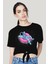 Havuzda Astronot Siyah Kısa, Kesik Bağlı Crop Top Kadın T-Shirt 1