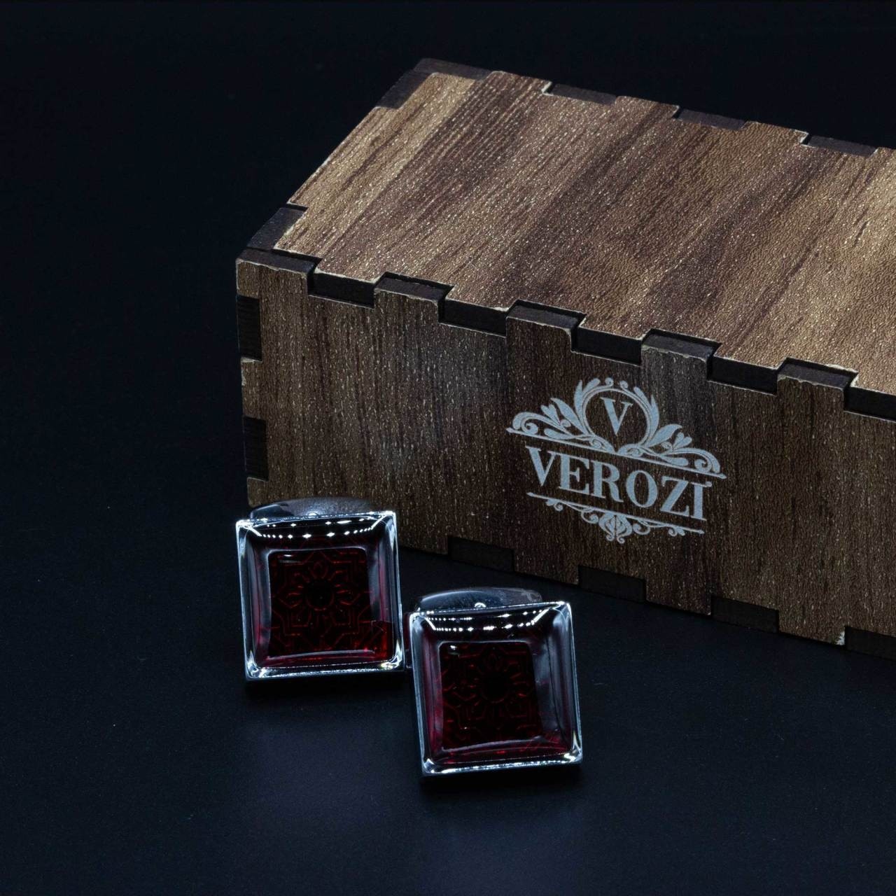 Verozi Kol Düğmesi - Kare Desenli Kırmızı Gümüş - Kdkıdkf görsel 3