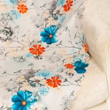 Benimol Mavi Turuncu Renkli Çiçekli Dokuma Dijital Baskılı Kadife Şönil Koltuk Örtüsü Şalı 175x215cm