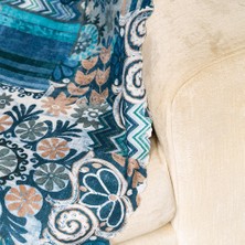 Benimol Mavi Lacivert Renkli Geometrik Desen Dokuma Dijital Baskılı Kadife Şönil Koltuk Örtüsü Şalı 175x215cm