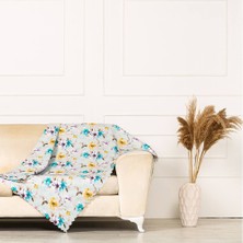 Benimol Hardal Mavi Renkli Modern Çiçekli Desen Dokuma Dijital Baskılı Kadife Şönil Koltuk Şalı Örtüsü Battal Boy 175x300cm