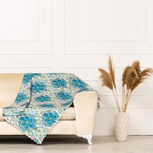 Benimol Mavi Turkuaz Renkli Modern Damask Desen Dokuma Dijital Baskılı Kadife Şönil Koltuk Şalı Örtüsü Battal Boy 175x300cm