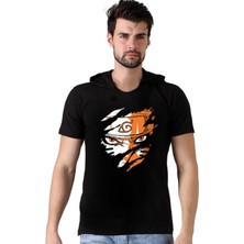 Rock&Roll Sert Naruto Siyah Kapşonlu Kısa Kollu Erkek T-Shirt