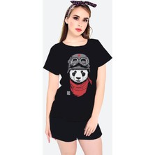 Rock&Roll Bandanalı Panda Siyah Kısa Kollu Kadın Şort Takımı