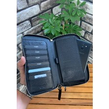 Guard Çift Fermuarlı Siyah Deri El Çantası