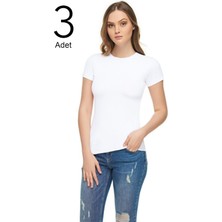 Katmirra Kadın Beyaz 3'lü Paket Sıfır Yaka Likralı  T-Shirt