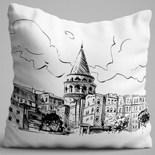 Cango Home Beyaz Siyah Galata Kulesi Dijital Baskılı Çift Taraflı Kırlent Kılıfı - OTYK454-CT