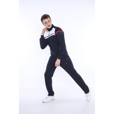 Escetic Erkek Spor, 4 Cepli, Dik Yaka, 4 Mevsim, Süper 2 İplik Lacivert Beyaz Eşofman Takımı - 5876