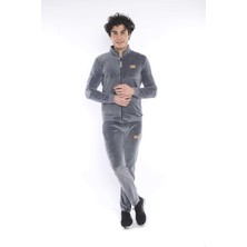 Escetic Erkek Spor Slimfit/Dar Kalıp Kalıp-Dik Yaka-4 Cepli Kadife Kumaş Gri Eşofman Takımı - 6637