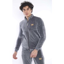 Escetic Erkek Spor Slimfit/Dar Kalıp Kalıp-Dik Yaka-4 Cepli Kadife Kumaş Gri Eşofman Takımı - 6637
