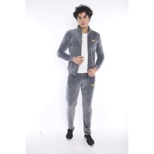 Escetic Erkek Spor Slimfit/Dar Kalıp Kalıp-Dik Yaka-4 Cepli Kadife Kumaş Gri Eşofman Takımı - 6637