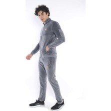 Escetic Erkek Spor Slimfit/Dar Kalıp Kalıp-Dik Yaka-4 Cepli Kadife Kumaş Gri Eşofman Takımı - 6637