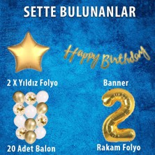 Gold Konsept 2 Yaş Doğum Günü Kutlama Seti; Beyaz Gold Konfetili Balon, Rakam Yıldız Folyo ve Banner