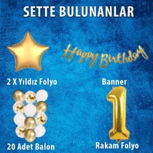 Gold Konsept 1 Yaş Doğum Günü Kutlama Seti; Beyaz Gold Konfetili Balon, Rakam Yıldız Folyo ve Banner