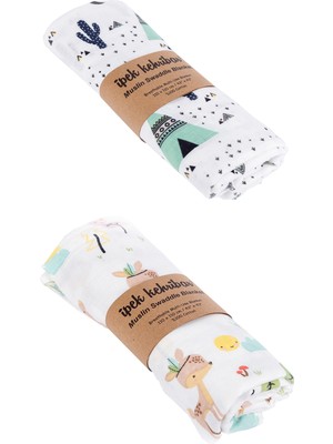 İpek Kehribar  Müslin Örtü 2'li Set - Geyik Kaktüs