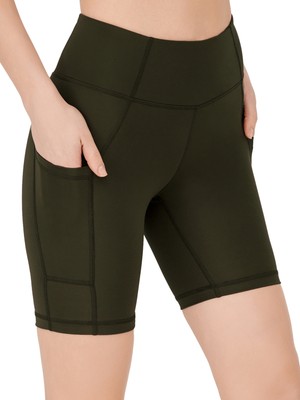Los Ojos Kadın Haki Yüksek Bel Toparlayıcı Çift Cepli Biker Şort Kısa Spor Tayt