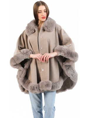 Redpoint Eco Kürk (Faux Fur) Alpaka Kaşmir Yün Karışımlı Kahverengi Kadın Pelerin