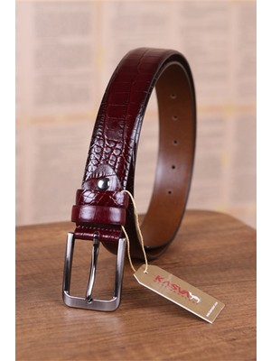 Kasva Deri 3.5 cm Bordo Krokodil  Deri Kemer