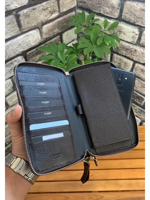 Guard Çift Fermuarlı Kahverengi Deri El Çantası