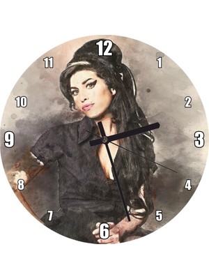 Cakatablo Amy Winehouse Suluboya Efekt Portre Duvar Saati  (Çap 30X30 Cm)