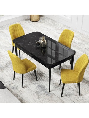 Canisa Concept Par Serisi 70X114, Açılabilir Mdf Mutfak Masa Takımı, Siyah Mermer Desen Masa ve 4 Sandalye