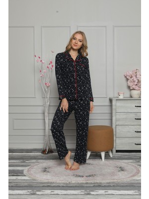 Alimer Lacivert-Kırmızı Yıldız Gömlek Yaka Düğme Uzun Kol Pijama Takımı