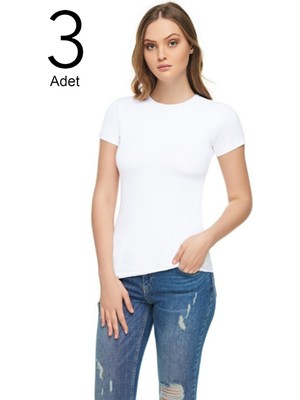 Katmirra Kadın Beyaz 3'lü Paket Sıfır Yaka Likralı  T-Shirt
