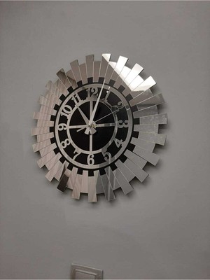 Büyük Dekoratif Gümüş Güneş Duvar Saati Modern Türk Rakamlı Mdf Üzeri Aynalı Pleksi 50X50 cm