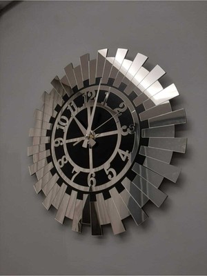 Büyük Dekoratif Gümüş Güneş Duvar Saati Modern Türk Rakamlı Mdf Üzeri Aynalı Pleksi 50X50 cm