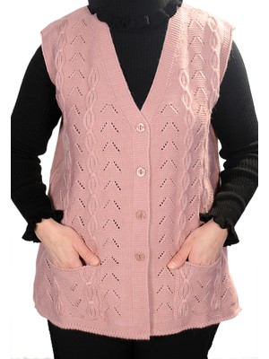 Fresh Moda Kadın Pudra V Yaka Zincir Örgü Yün Triko Anne Yelek