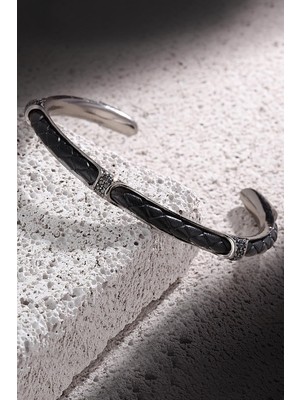 Frnch Zirkon Taşlı Gerçek Deri Detaylı Handmade Erkek Kelepçe Bileklik FRJ11165-1265-BB