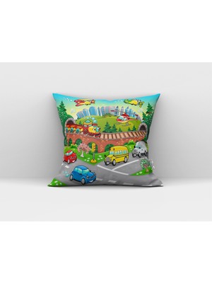 Cango Home Mavi Ulaşım Araçlı Eğitici Dijital Baskılı Çocuk Çift Taraflı Kırlent Yastık Kılıfı - CHCCK17-CT