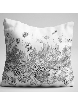 Cango Home Siyah Beyaz Denizaltı Temalı Dijital Baskılı Çift Taraflı Kırlent Kılıfı - OTYK296-CT