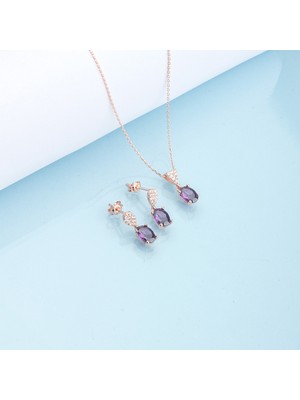 Miavi Silver 925 Ayar Gümüş Oval Ametist Taşlı Kolye Küpe Set