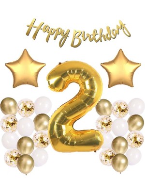 Gold Konsept 2 Yaş Doğum Günü Kutlama Seti; Beyaz Gold Konfetili Balon, Rakam Yıldız Folyo ve Banner