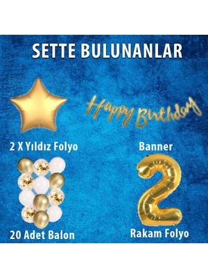 Gold Konsept 2 Yaş Doğum Günü Kutlama Seti; Beyaz Gold Konfetili Balon, Rakam Yıldız Folyo ve Banner