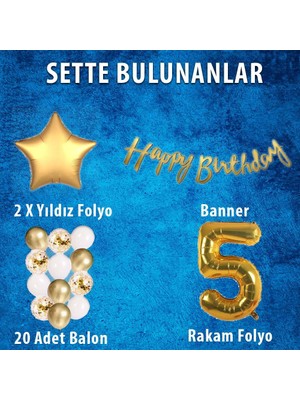 Gold Konsept 5 Yaş Doğum Günü Kutlama Seti; Beyaz Gold Konfetili Balon, Rakam Yıldız Folyo ve Banner