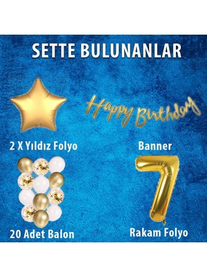 Gold Konsept 7 Yaş Doğum Günü Kutlama Seti; Beyaz Gold Konfetili Balon, Rakam Yıldız Folyo ve Banner