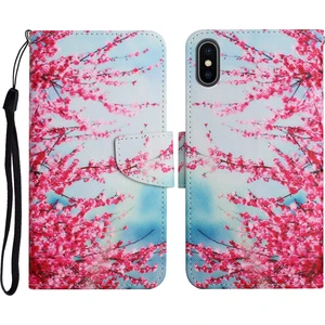Apple Iphone X / Xs Için Boyalı Desenli Deri Kılıf Kırmızı Kiraz Çiçekleri (Yurt Dışından)