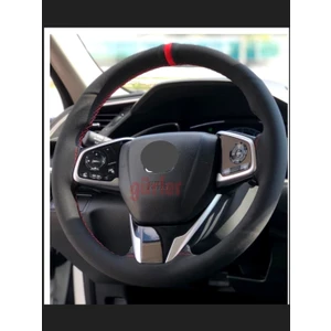 Gürler Oto Kılıf ve Aksesuar Honda Civic Fc5 Kırmızı Yüzüklü Nubuk (Alcantara) Dikme Direksiyon Kılıfı