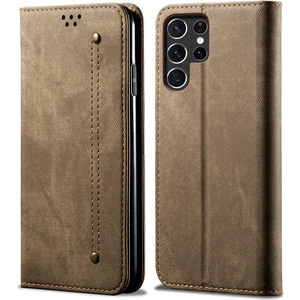 Samsung Galaxy S22 Ultra 5g Için Retro Kot Deri Flip Cüzdan Standlı Kılıf Kapaklı - Haki (Yurt Dışından)