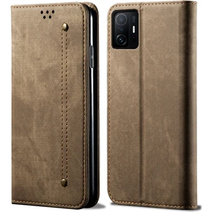 Xiaomi Mi 11T / Mi 11T Pro Için Retro Kot Deri Flip Cüzdan Standlı Kılıf Kapaklı - Haki (Yurt Dışından)