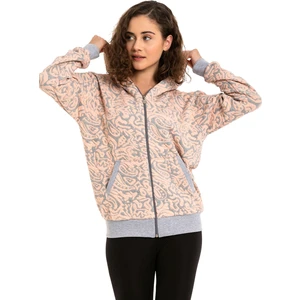 Kadın Gri Pembe Renk Jakar Örme Kapüşunlu Cepli Fermuar Kapamalı Sweatshirt
