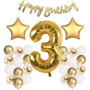 Gold Konsept 3 Yaş Doğum Günü Kutlama Seti; Beyaz Gold Konfetili Balon, Rakam Yıldız Folyo ve Banner