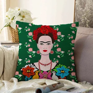 Real Homes Yeşil Zeminde Frida Kahlo Motifli Çift Taraflı Özel Tasarım Şönil Yastık Kılıfı