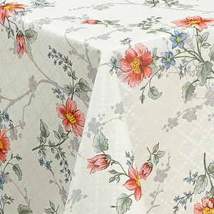 Elyaf Astarlı Pvc Masa Örtüsü Silinebilir Sıvı Geçirmez Leke Tutmaz Çiçekli Baklava Desenli Beyaz